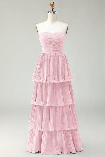 Blush Pink A Line Strapless Pleated Ruffled Long Bridesmaid Dress